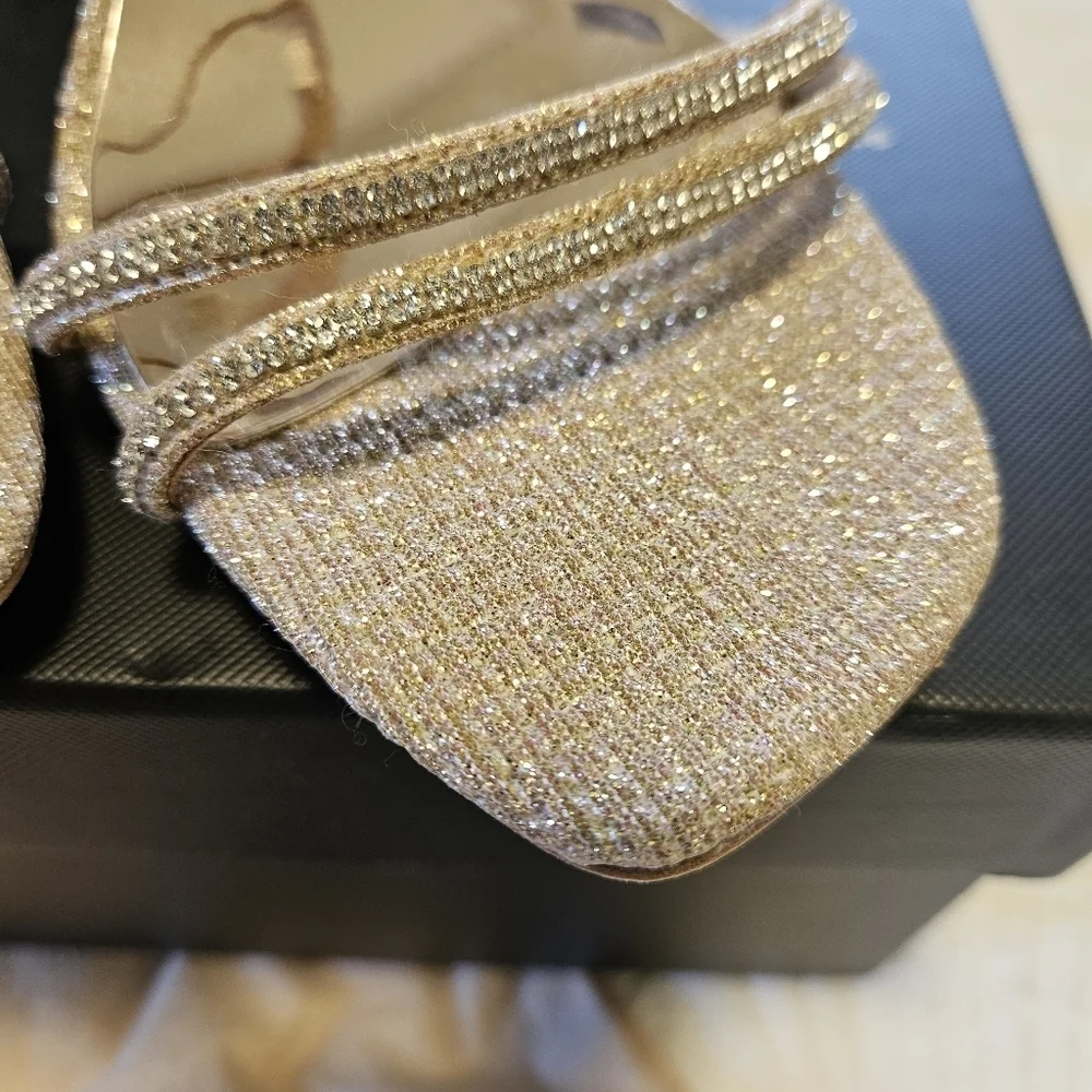 BLADGLY MISCHKA Fiery Pale Gold Bejeweled Block Heel Sandal NIB